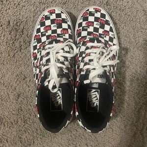 Gently worn black checkered Vans with cherries